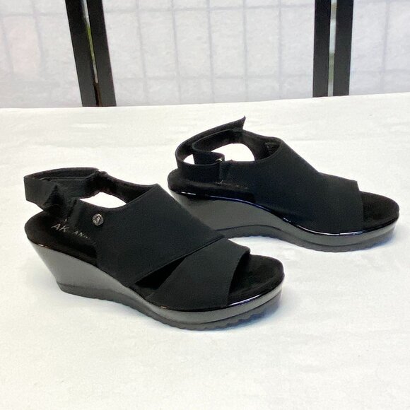 Anne Klein Faux Suede Patent Low Wedge Open Toe Sling Back Romeo Sandals Black - Picture 4 of 13